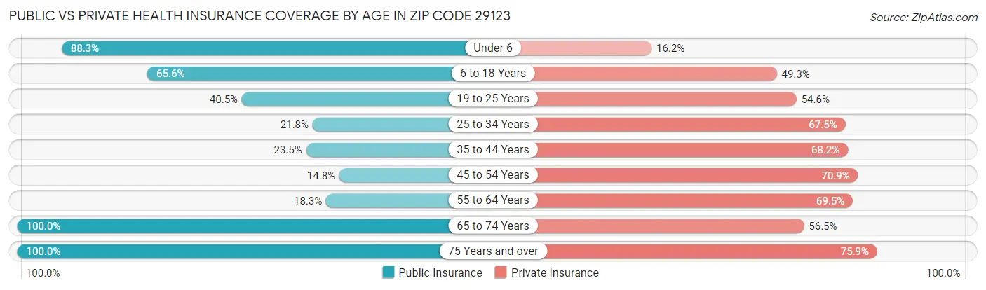 Public vs Private Health Insurance Coverage by Age in Zip Code 29123