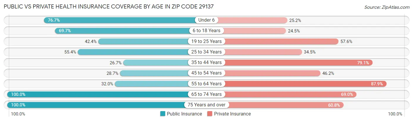 Public vs Private Health Insurance Coverage by Age in Zip Code 29137