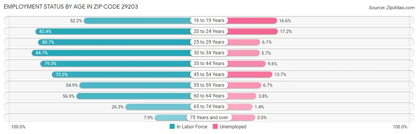 Employment Status by Age in Zip Code 29203