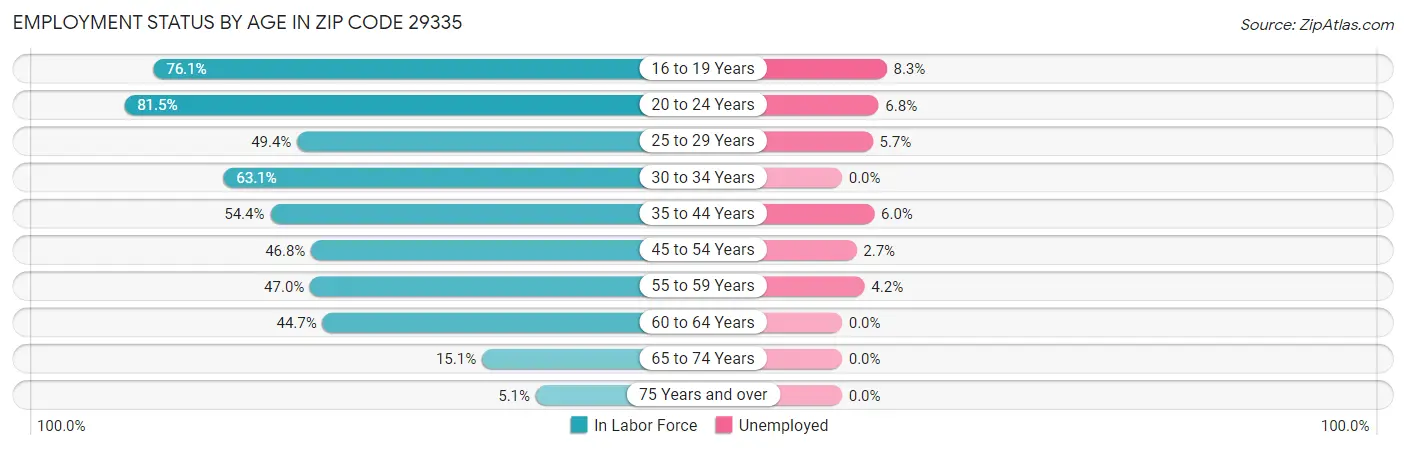 Employment Status by Age in Zip Code 29335