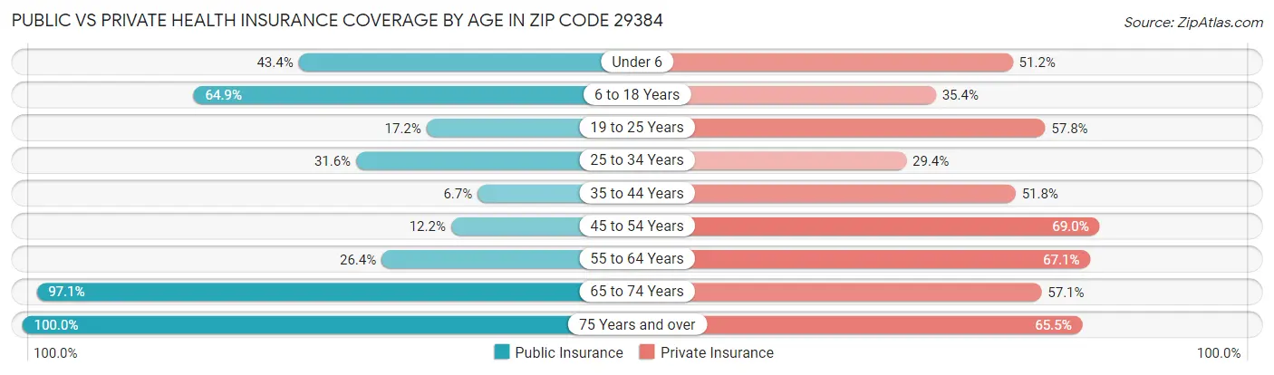 Public vs Private Health Insurance Coverage by Age in Zip Code 29384