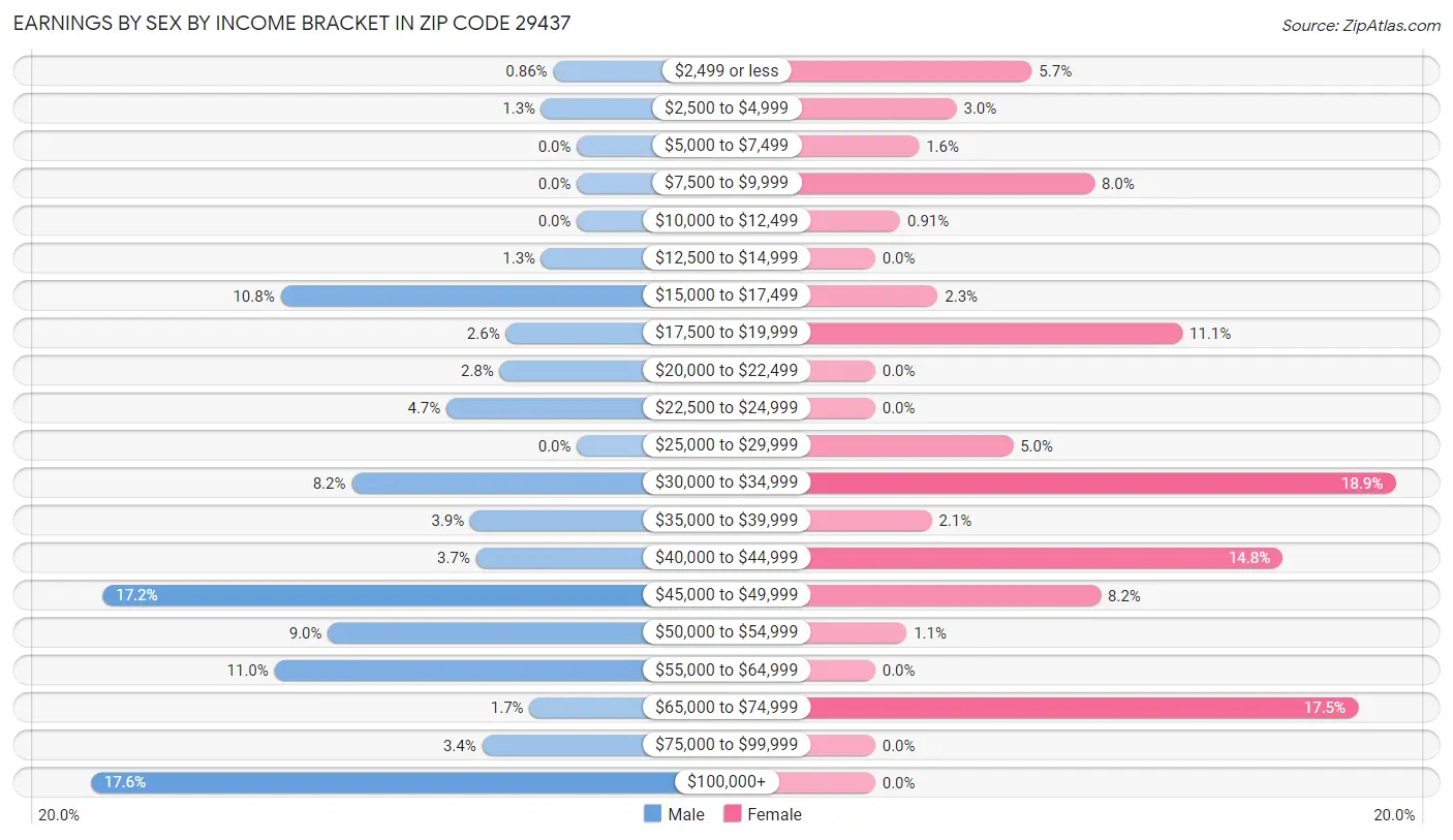 Earnings by Sex by Income Bracket in Zip Code 29437