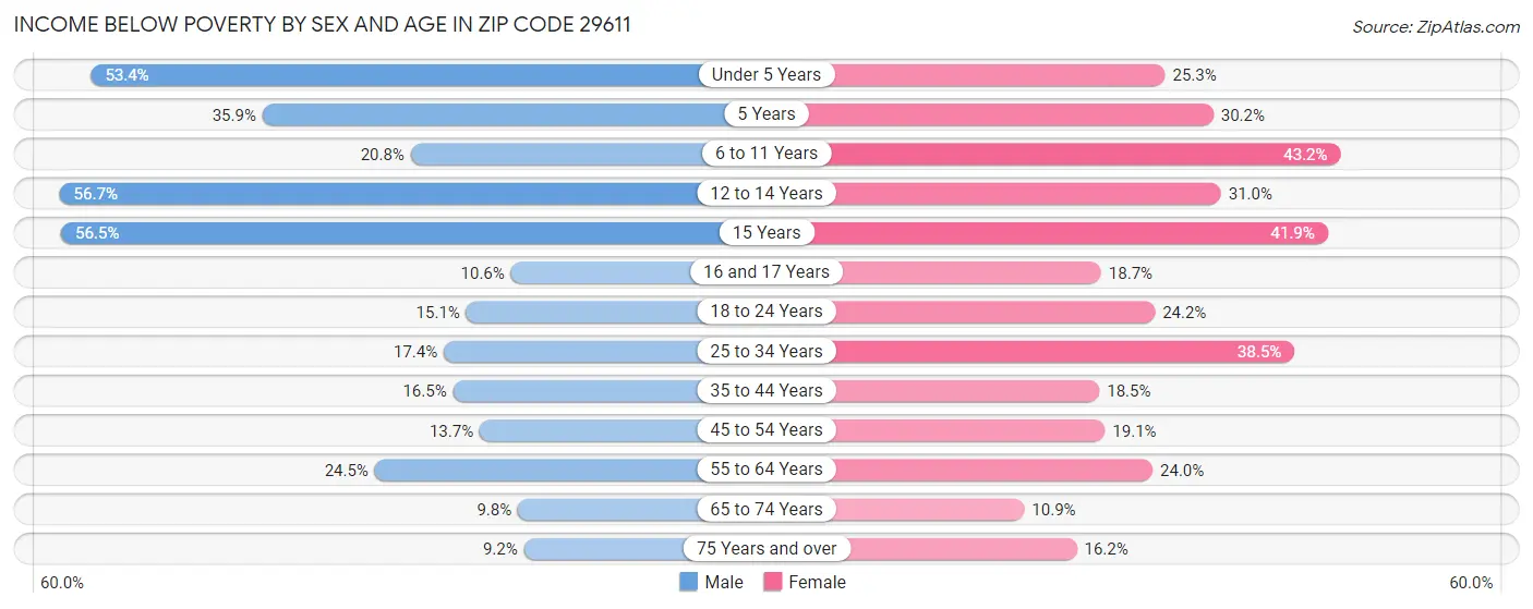 Income Below Poverty by Sex and Age in Zip Code 29611