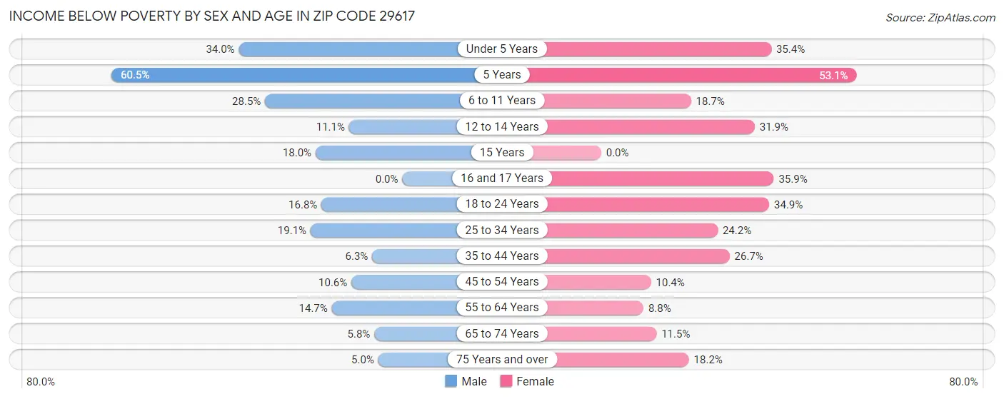 Income Below Poverty by Sex and Age in Zip Code 29617