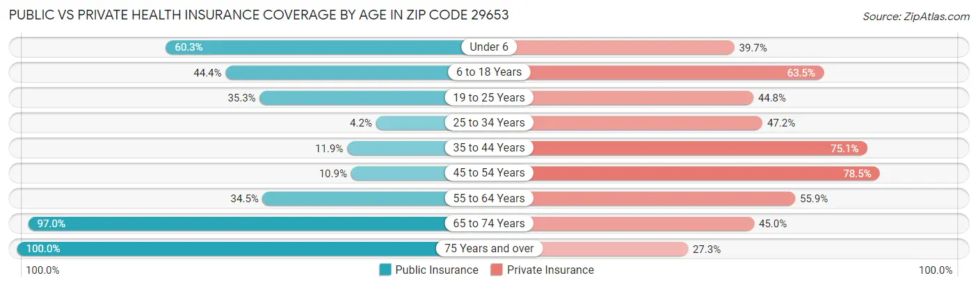 Public vs Private Health Insurance Coverage by Age in Zip Code 29653