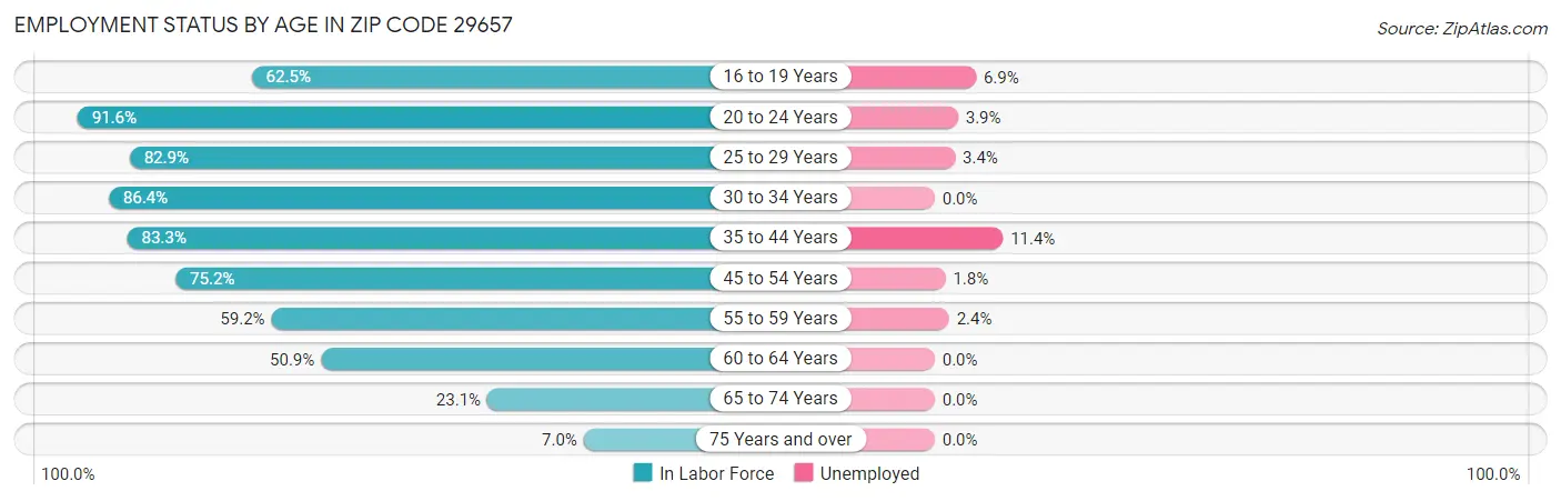 Employment Status by Age in Zip Code 29657