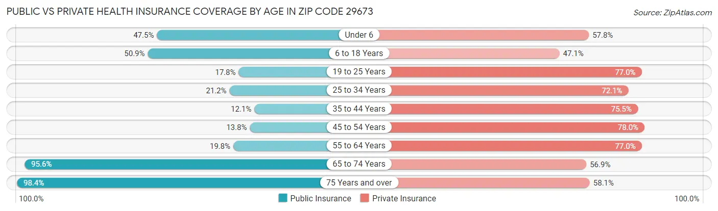 Public vs Private Health Insurance Coverage by Age in Zip Code 29673