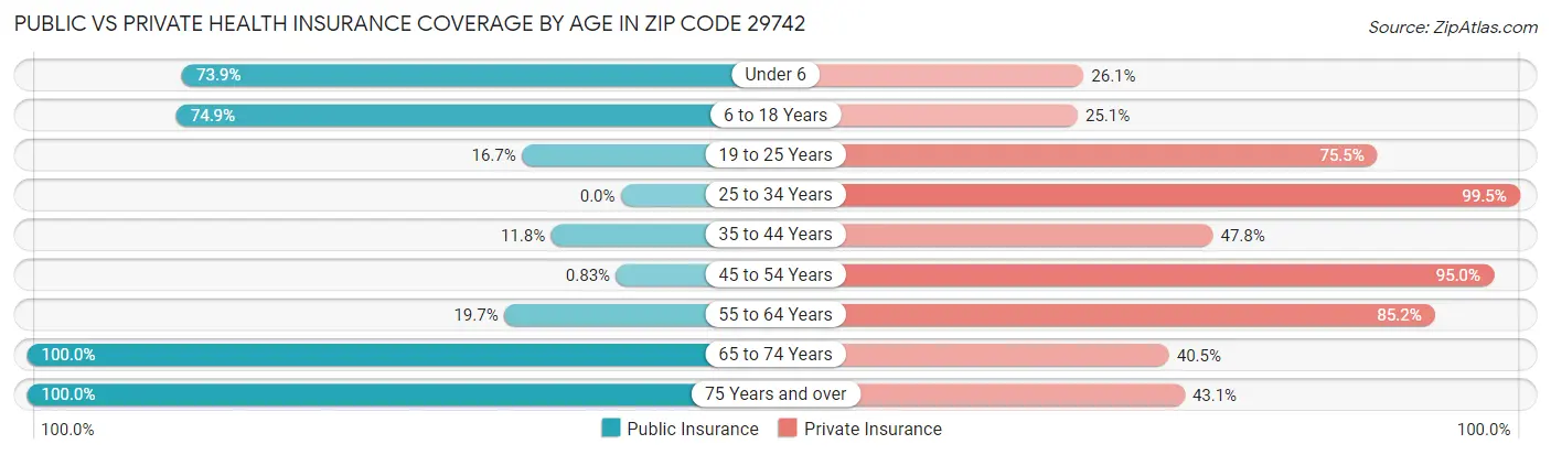 Public vs Private Health Insurance Coverage by Age in Zip Code 29742
