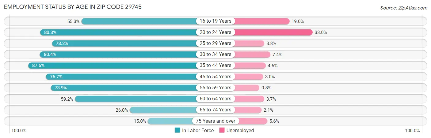 Employment Status by Age in Zip Code 29745