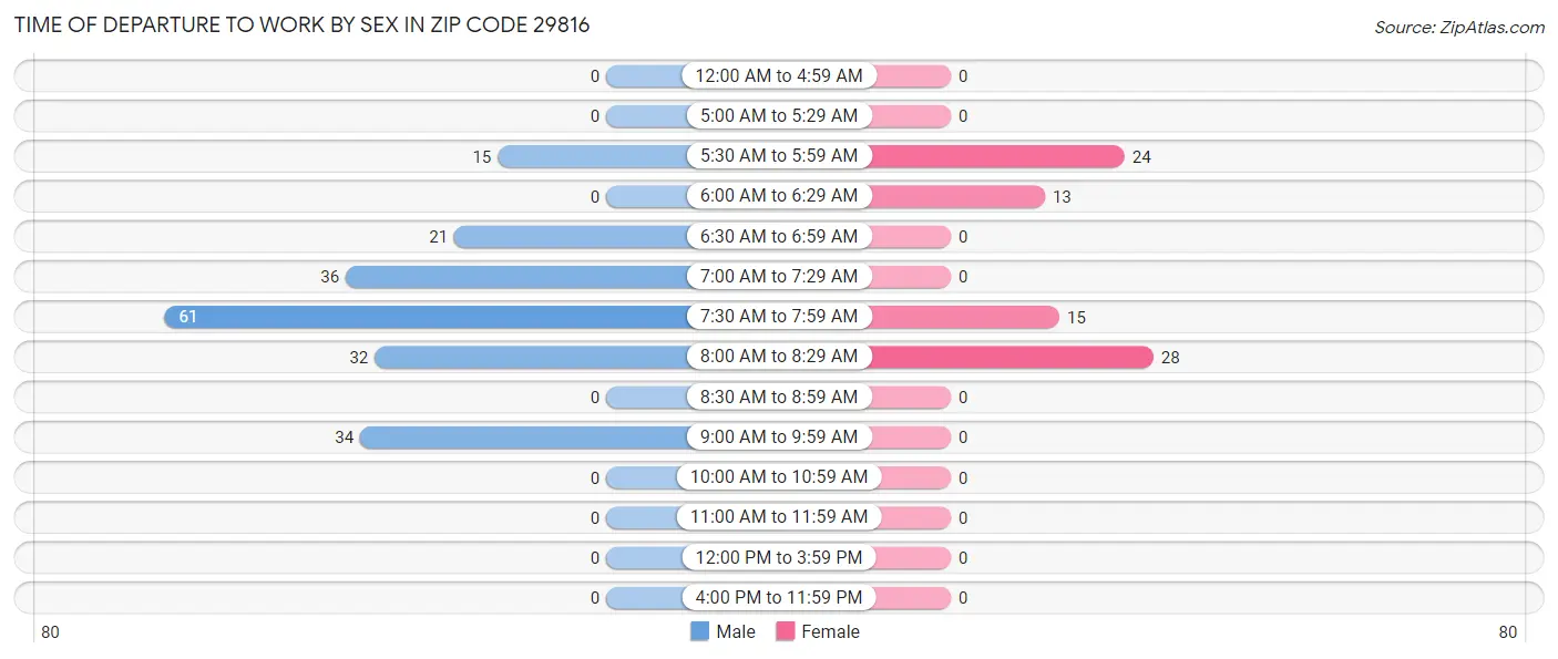 Time of Departure to Work by Sex in Zip Code 29816
