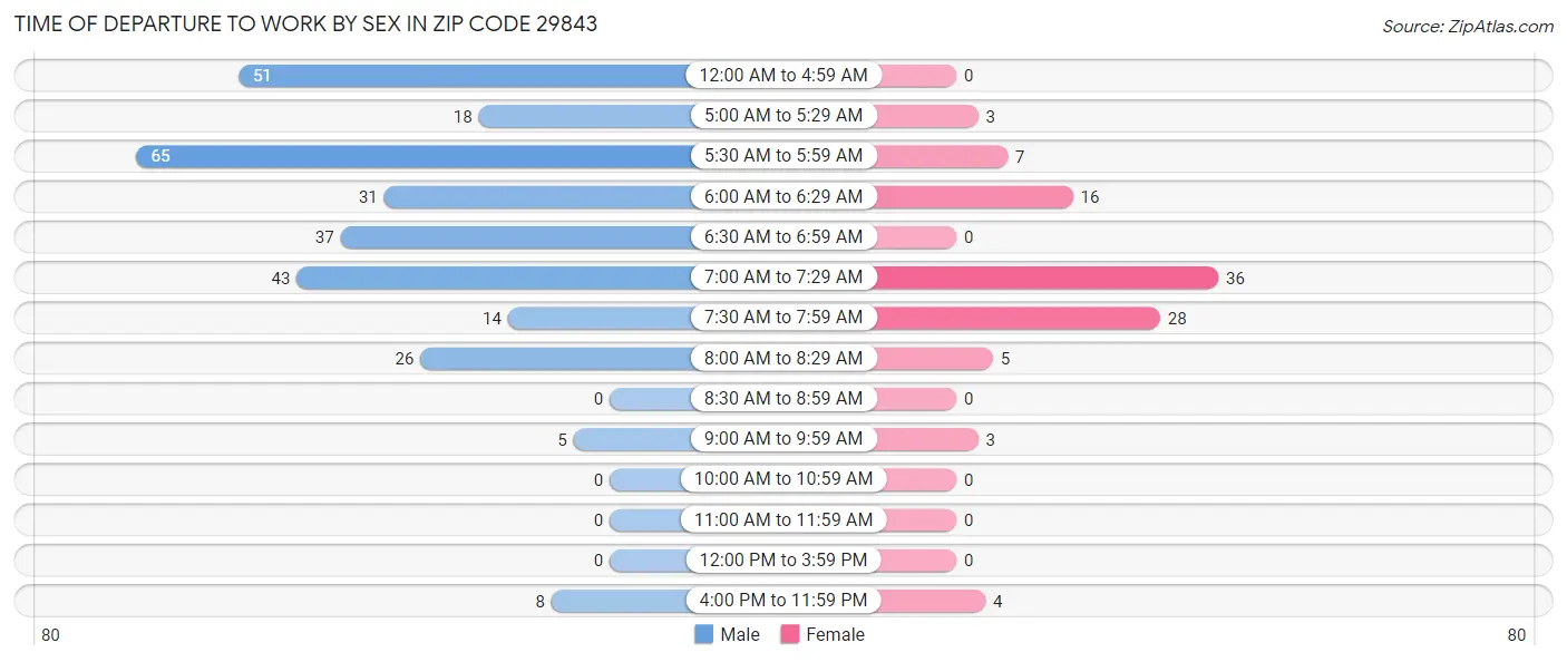 Time of Departure to Work by Sex in Zip Code 29843