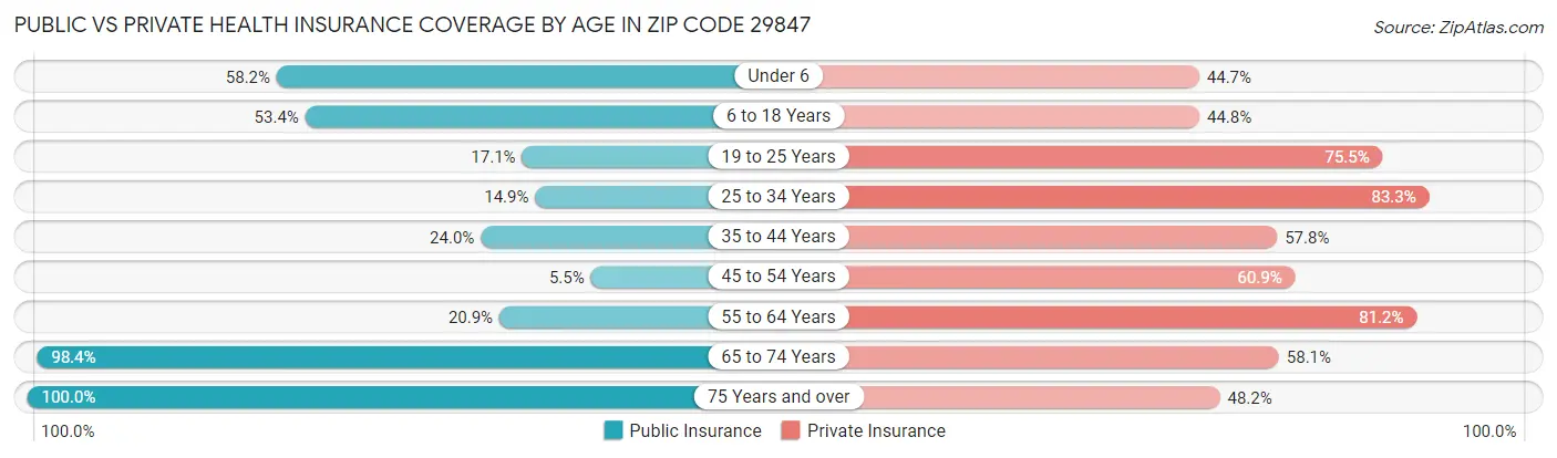 Public vs Private Health Insurance Coverage by Age in Zip Code 29847