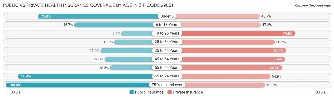 Public vs Private Health Insurance Coverage by Age in Zip Code 29851