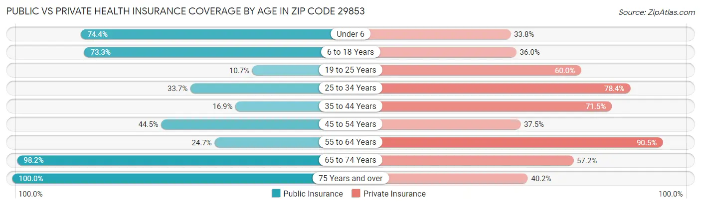 Public vs Private Health Insurance Coverage by Age in Zip Code 29853