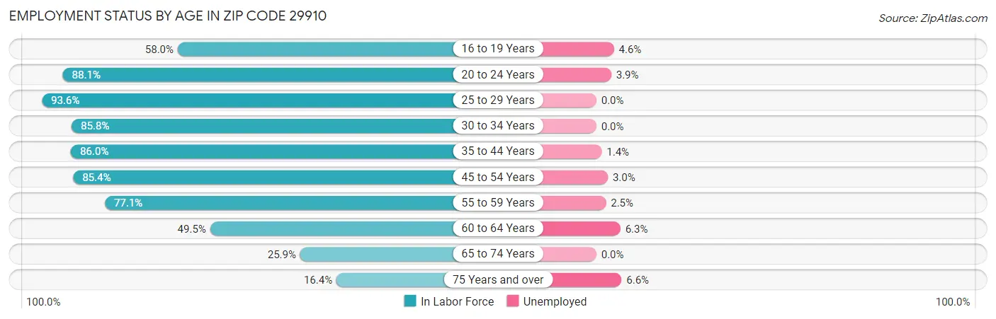 Employment Status by Age in Zip Code 29910