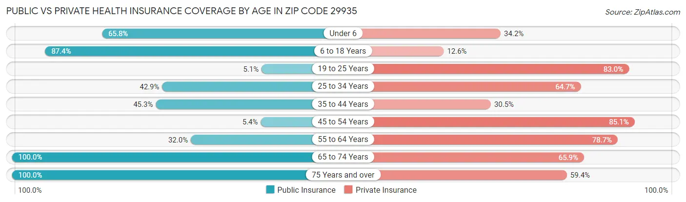 Public vs Private Health Insurance Coverage by Age in Zip Code 29935