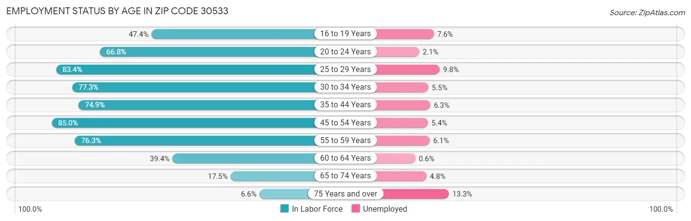 Employment Status by Age in Zip Code 30533
