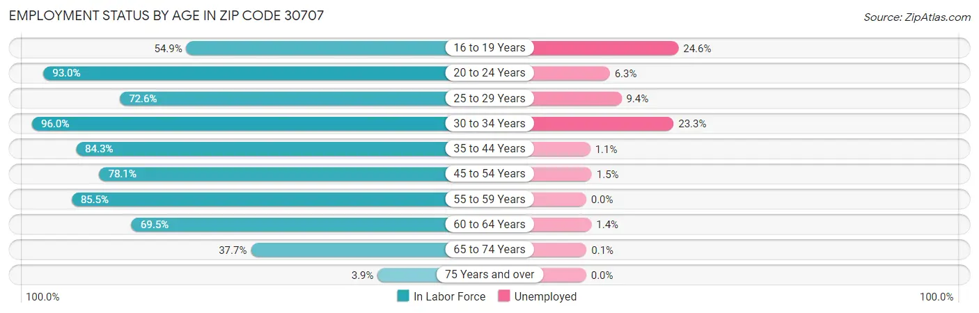 Employment Status by Age in Zip Code 30707