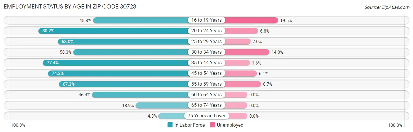 Employment Status by Age in Zip Code 30728
