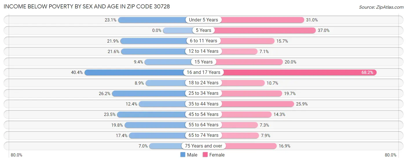 Income Below Poverty by Sex and Age in Zip Code 30728