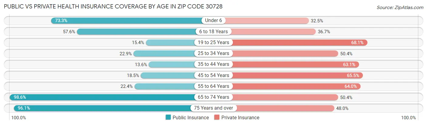 Public vs Private Health Insurance Coverage by Age in Zip Code 30728