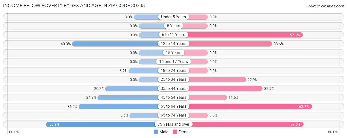 Income Below Poverty by Sex and Age in Zip Code 30733