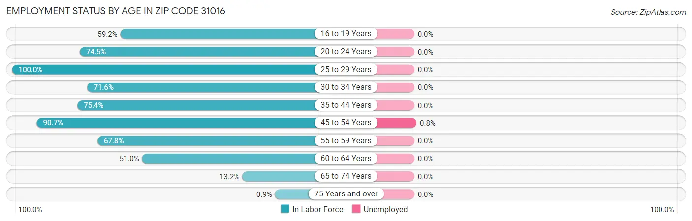 Employment Status by Age in Zip Code 31016