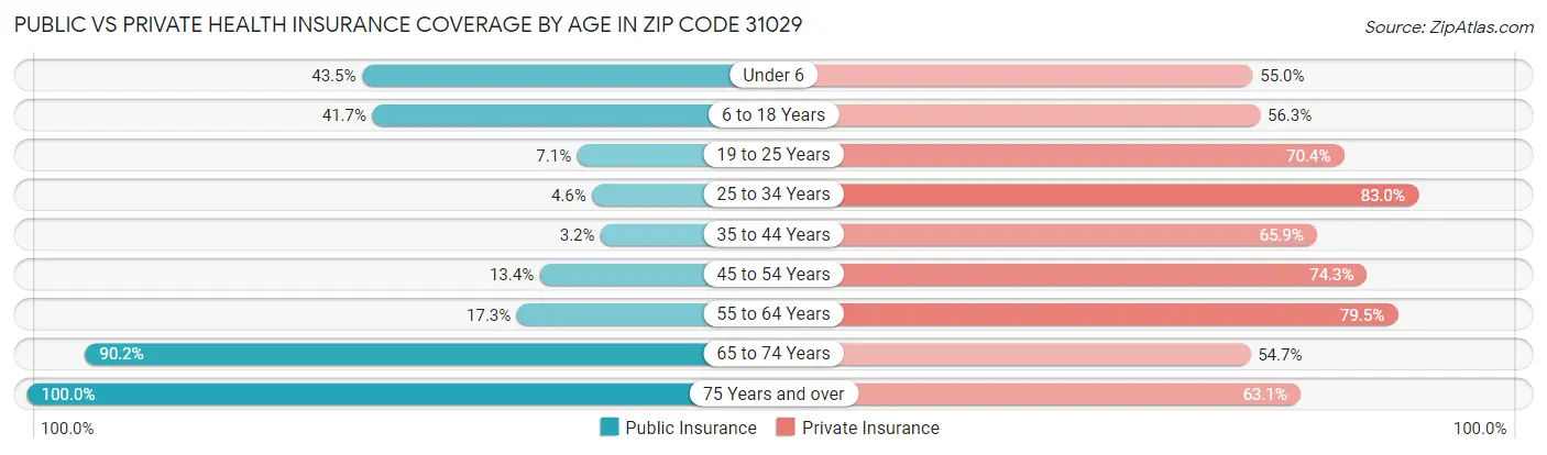 Public vs Private Health Insurance Coverage by Age in Zip Code 31029