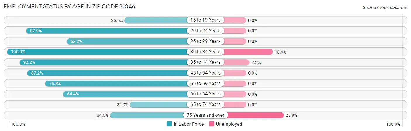 Employment Status by Age in Zip Code 31046