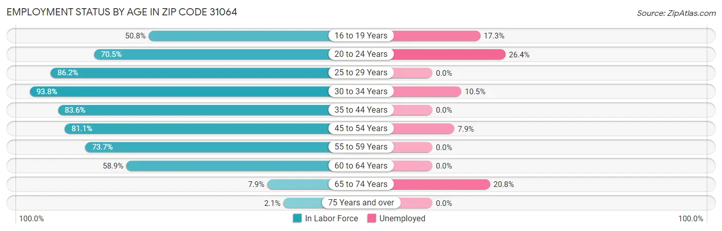 Employment Status by Age in Zip Code 31064