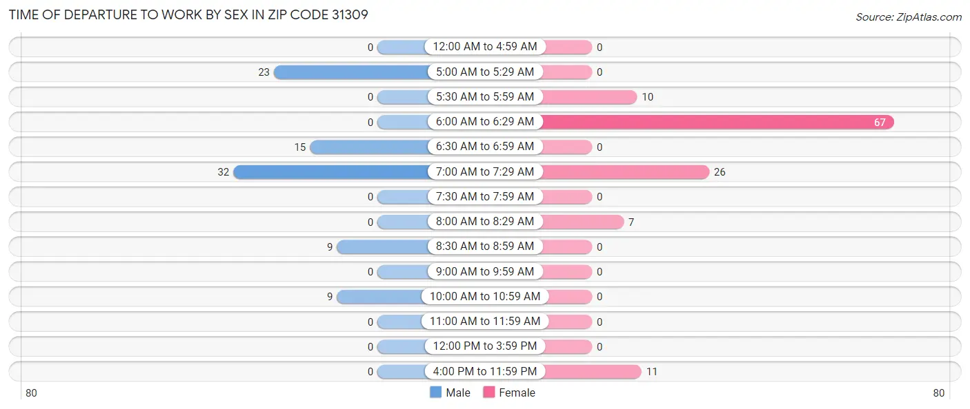 Time of Departure to Work by Sex in Zip Code 31309