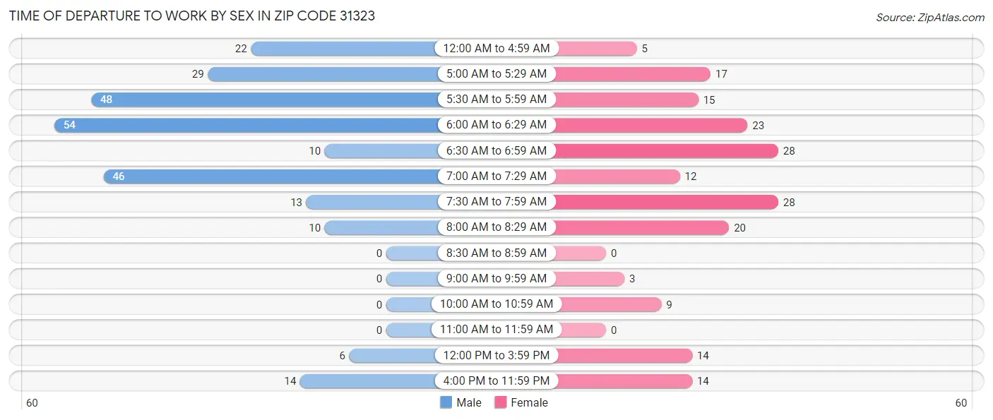 Time of Departure to Work by Sex in Zip Code 31323