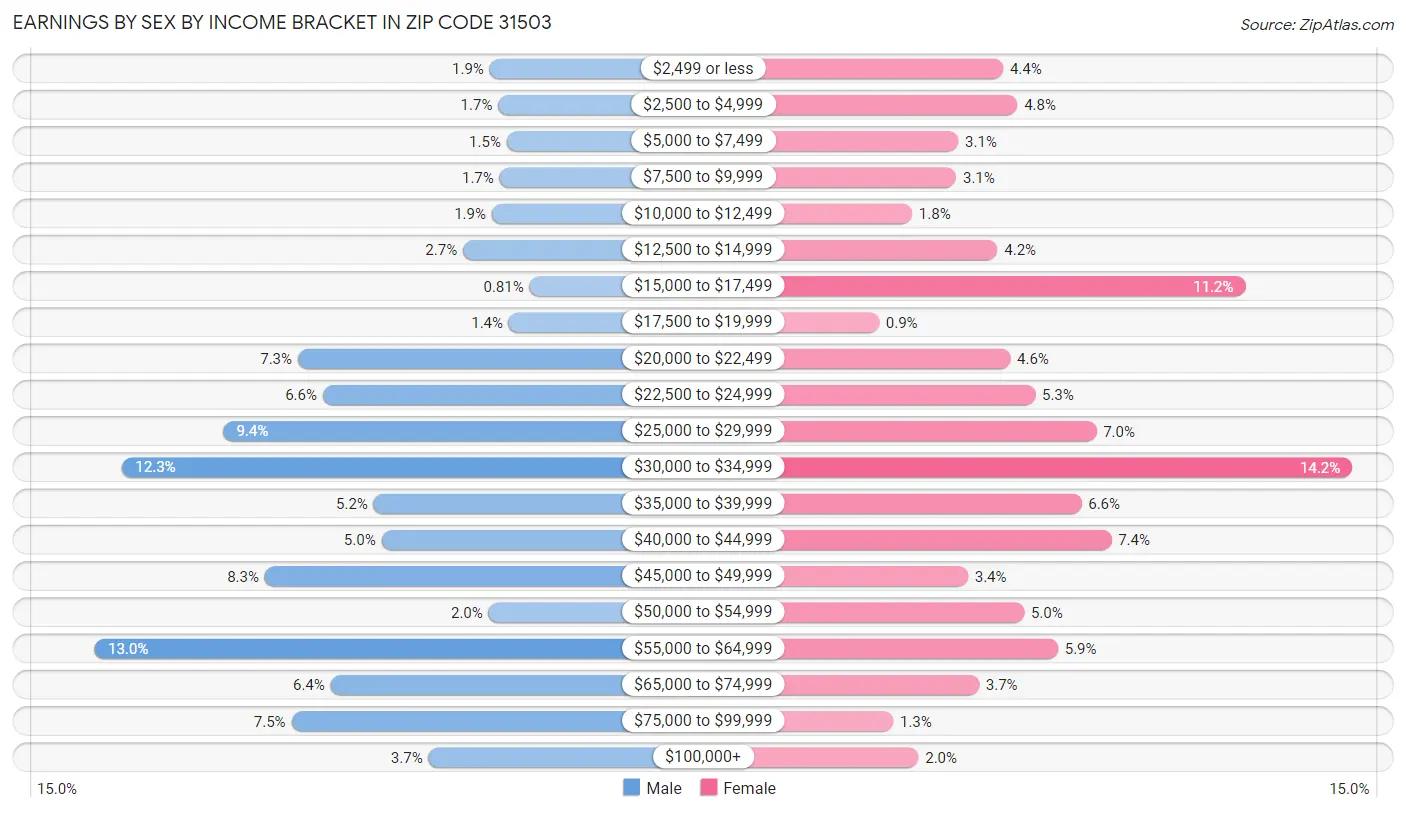 Earnings by Sex by Income Bracket in Zip Code 31503