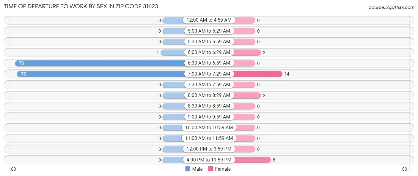 Time of Departure to Work by Sex in Zip Code 31623