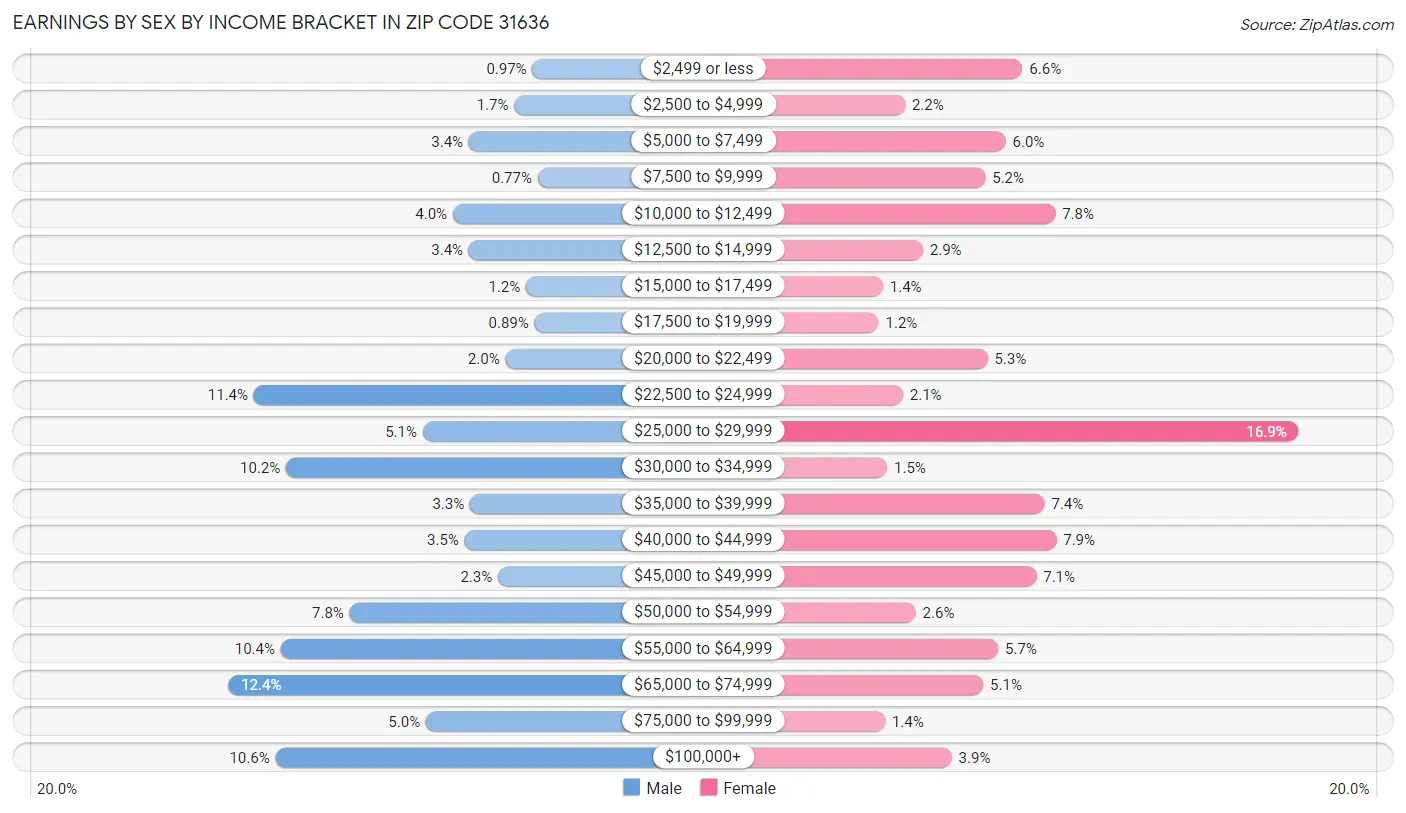 Earnings by Sex by Income Bracket in Zip Code 31636