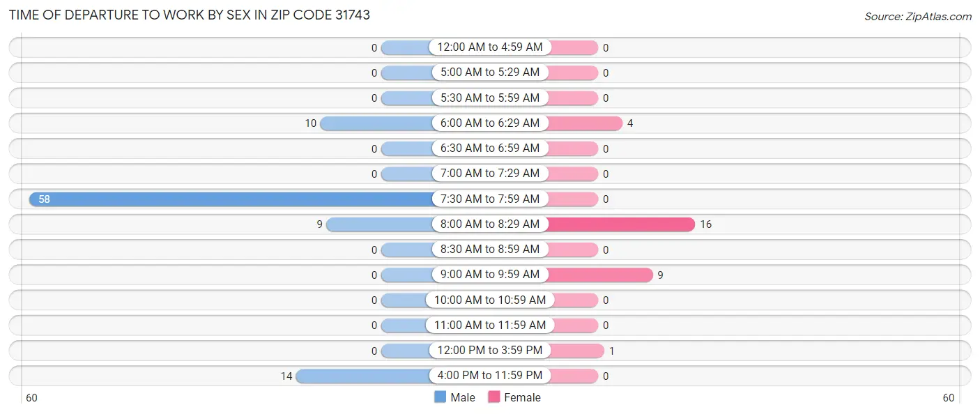 Time of Departure to Work by Sex in Zip Code 31743