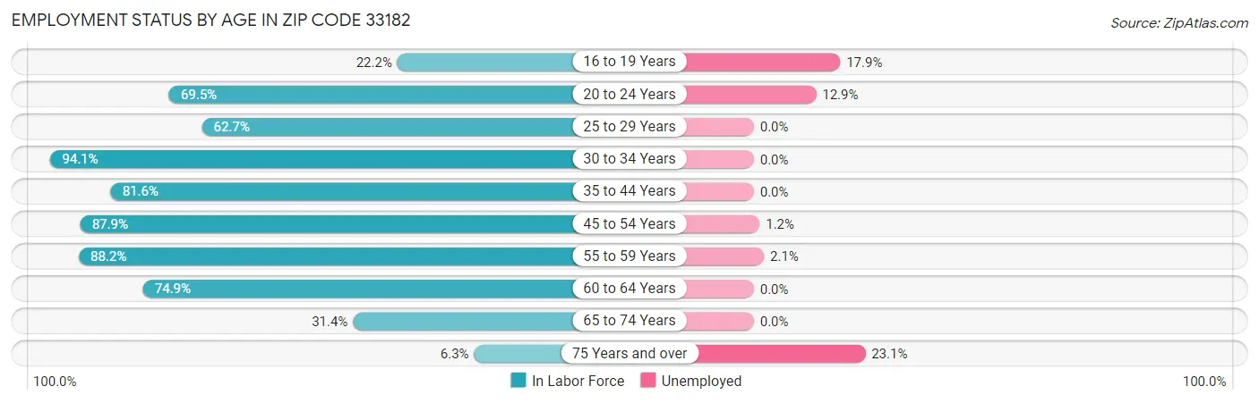Employment Status by Age in Zip Code 33182