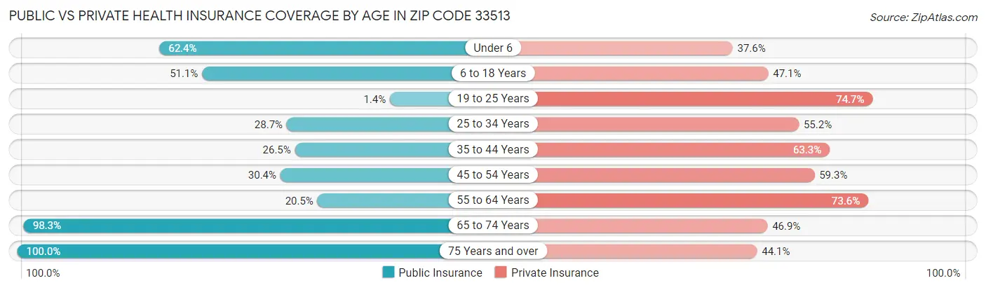 Public vs Private Health Insurance Coverage by Age in Zip Code 33513