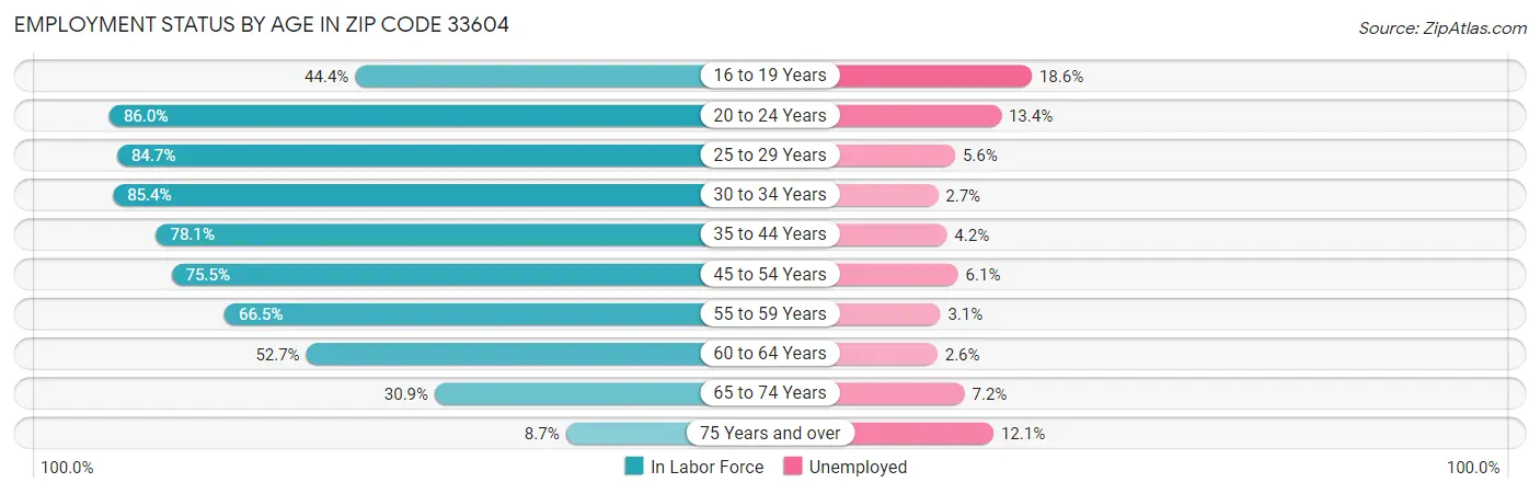 Employment Status by Age in Zip Code 33604