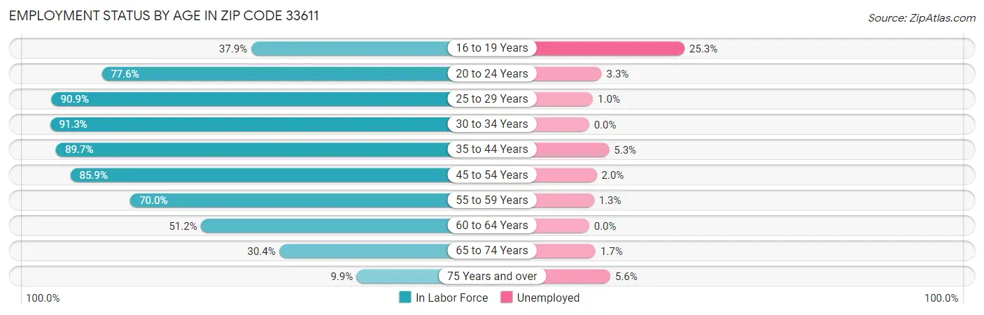 Employment Status by Age in Zip Code 33611