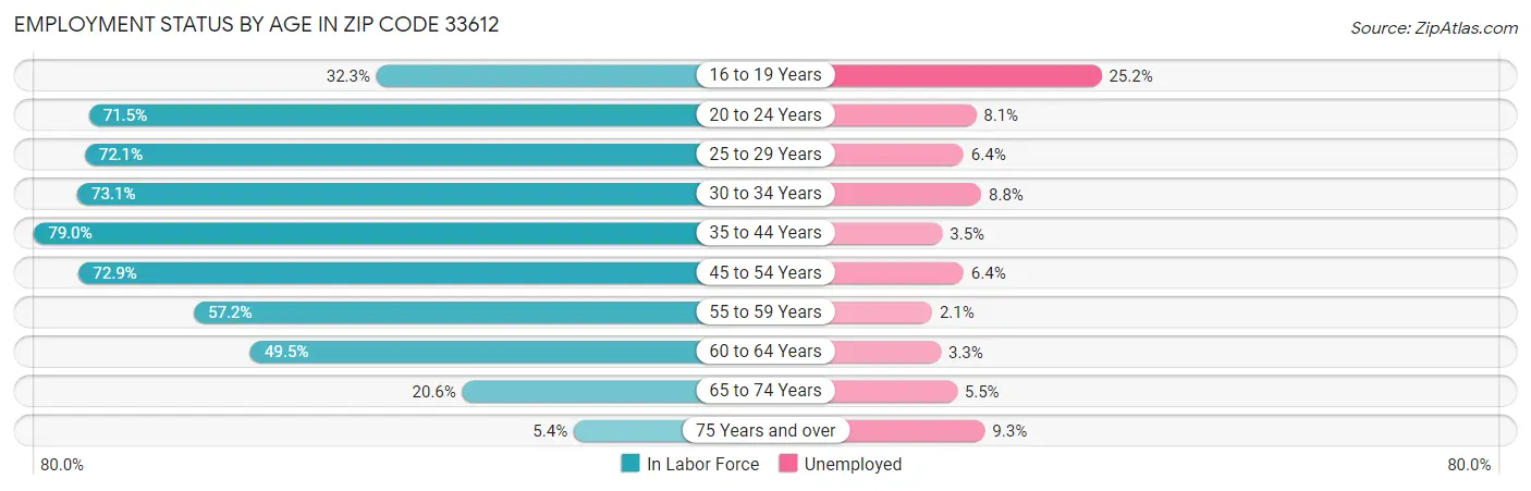 Employment Status by Age in Zip Code 33612