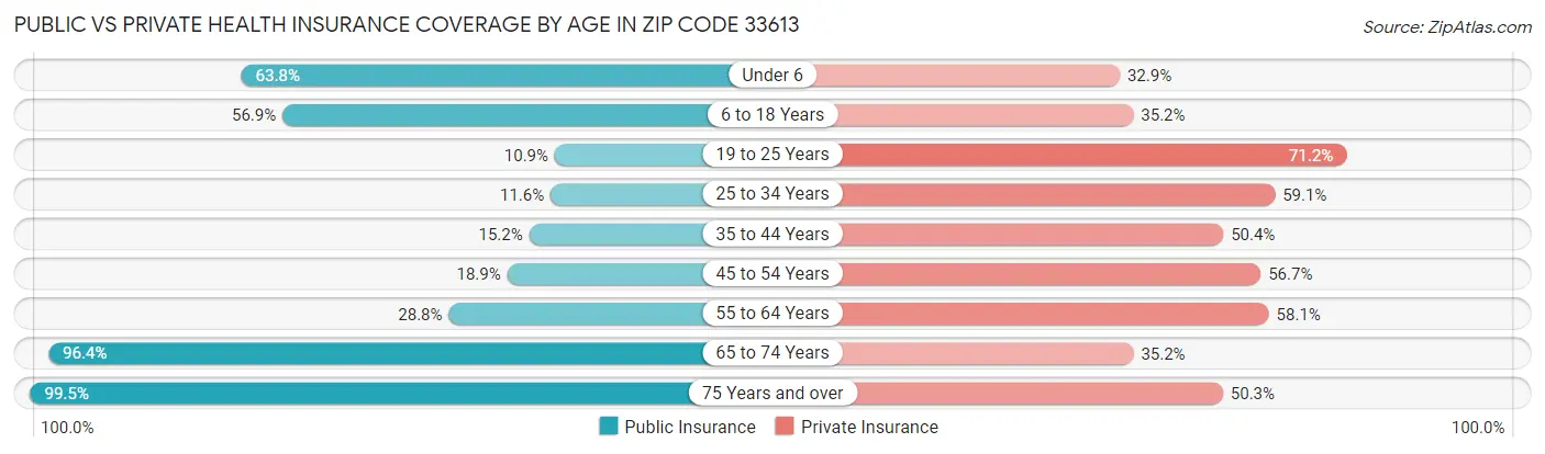 Public vs Private Health Insurance Coverage by Age in Zip Code 33613