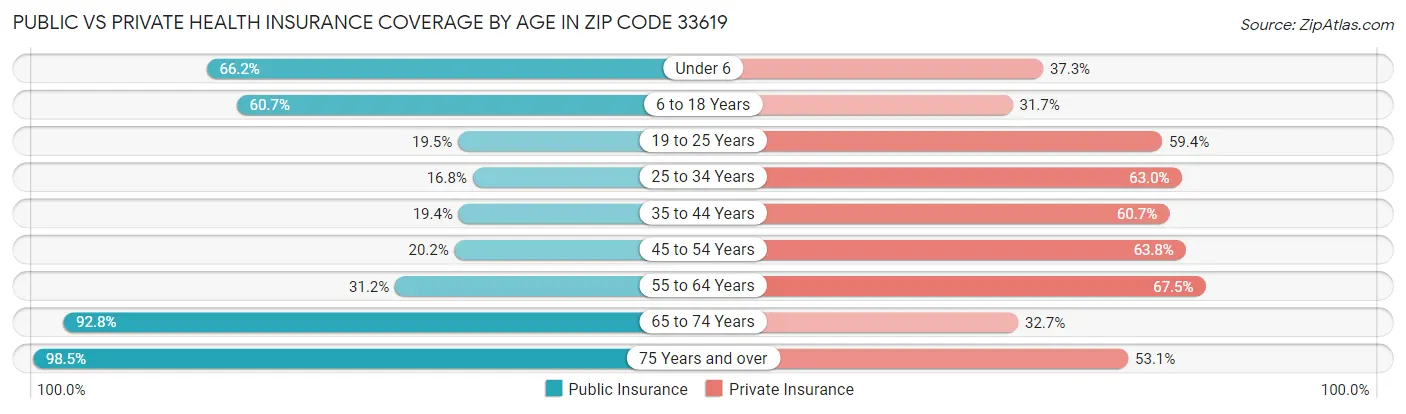 Public vs Private Health Insurance Coverage by Age in Zip Code 33619