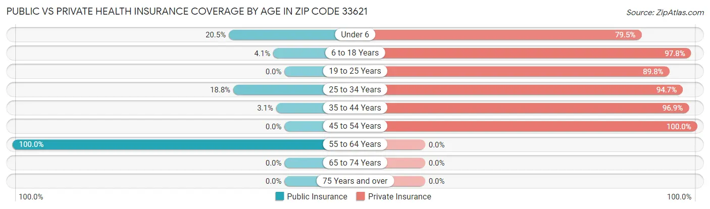 Public vs Private Health Insurance Coverage by Age in Zip Code 33621