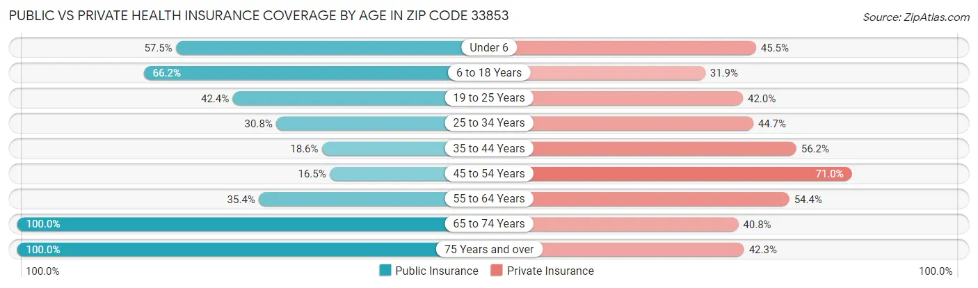 Public vs Private Health Insurance Coverage by Age in Zip Code 33853