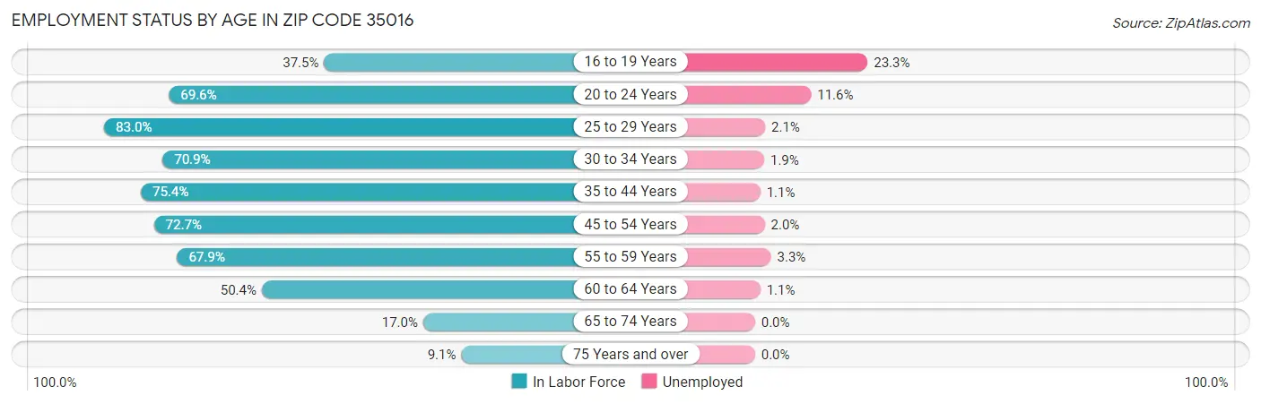 Employment Status by Age in Zip Code 35016