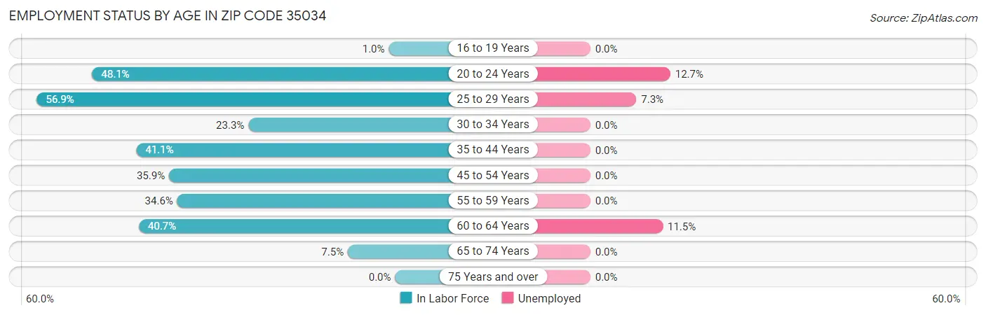 Employment Status by Age in Zip Code 35034