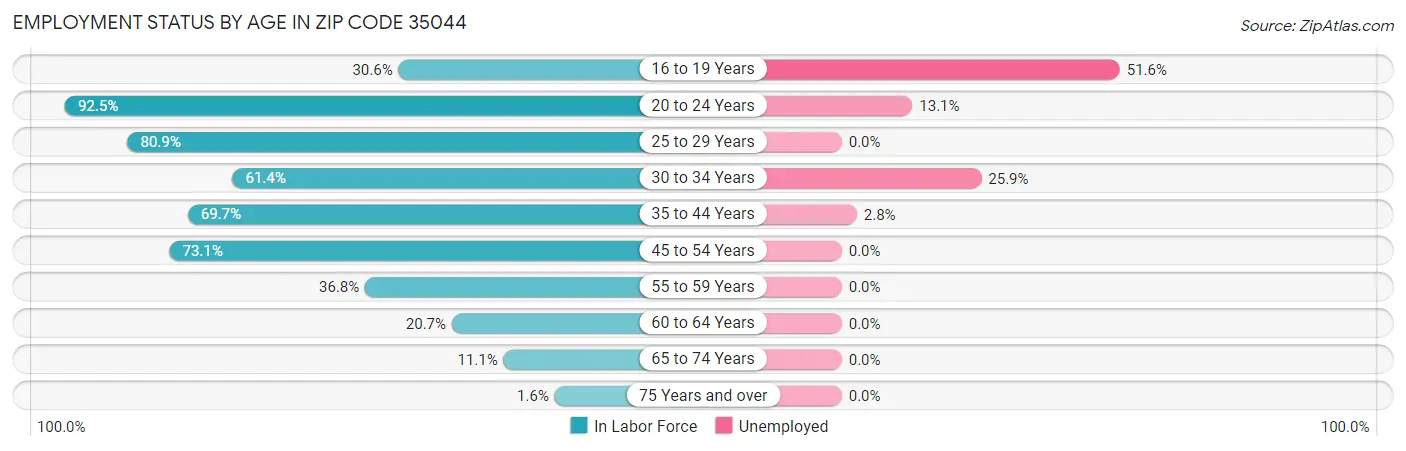 Employment Status by Age in Zip Code 35044