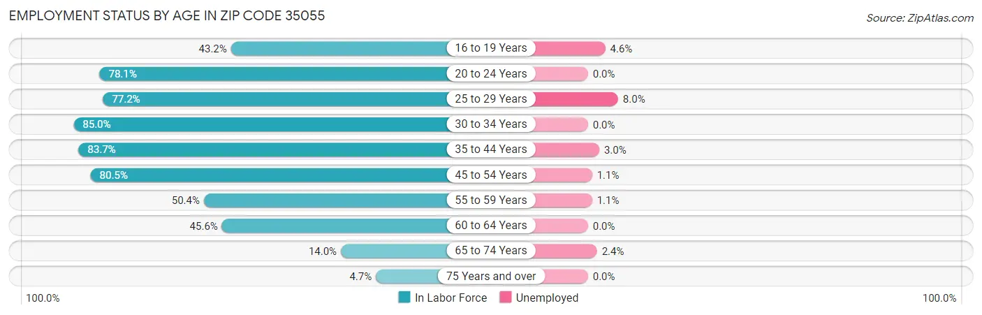 Employment Status by Age in Zip Code 35055