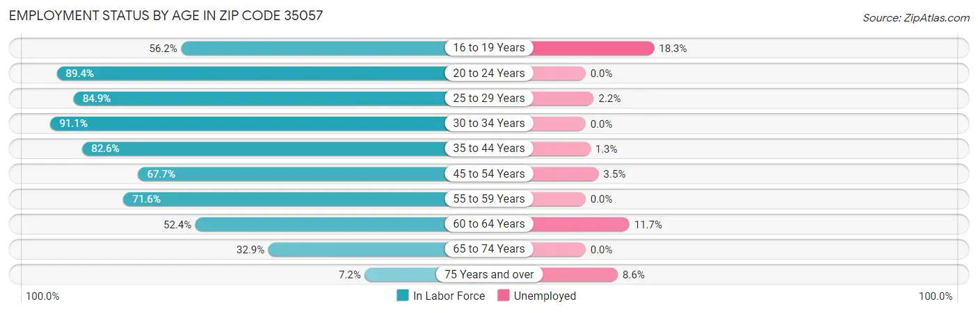 Employment Status by Age in Zip Code 35057